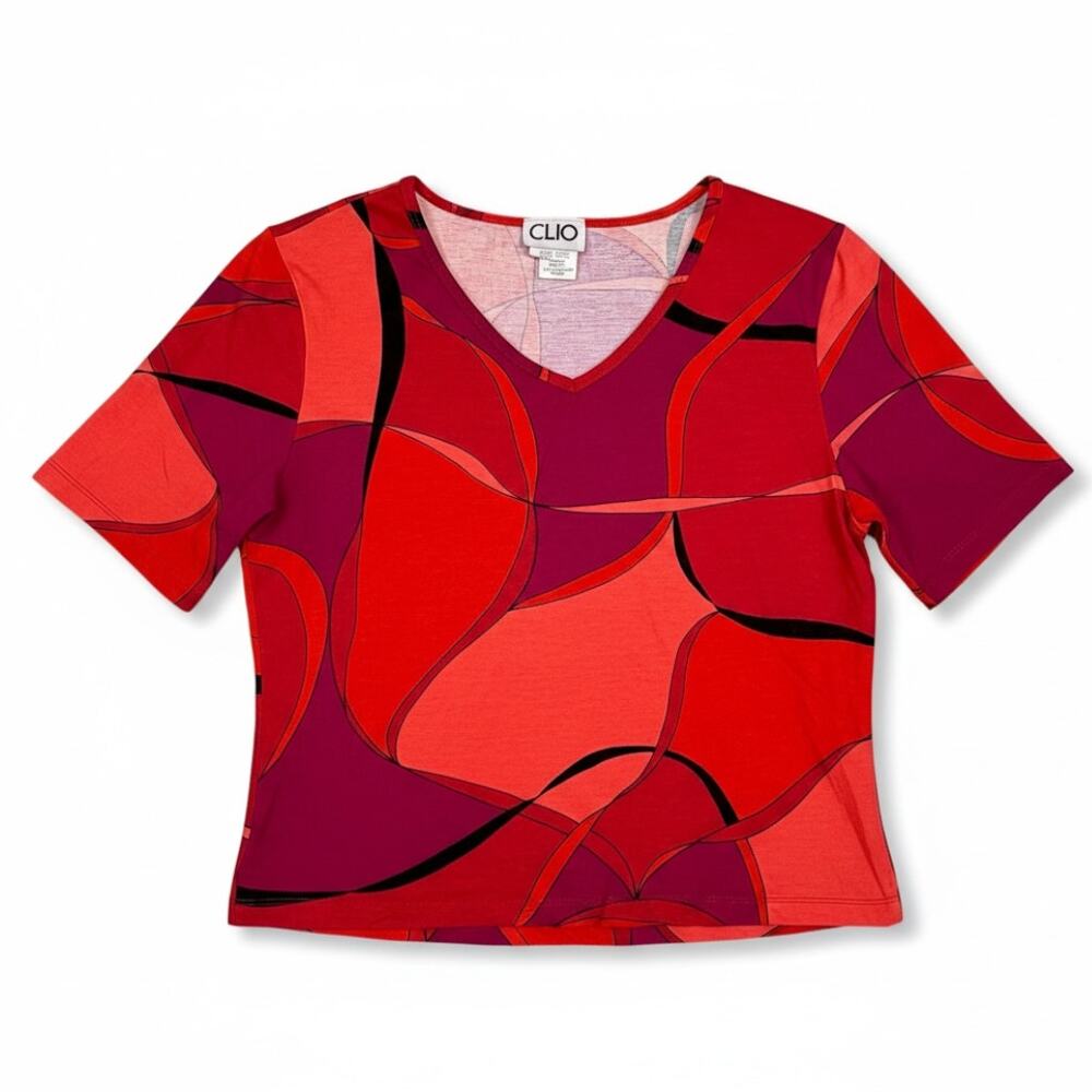 Vintage Clio Brand Made In USA Women’s Medium Red Abstract V Neck Shirt Blouse